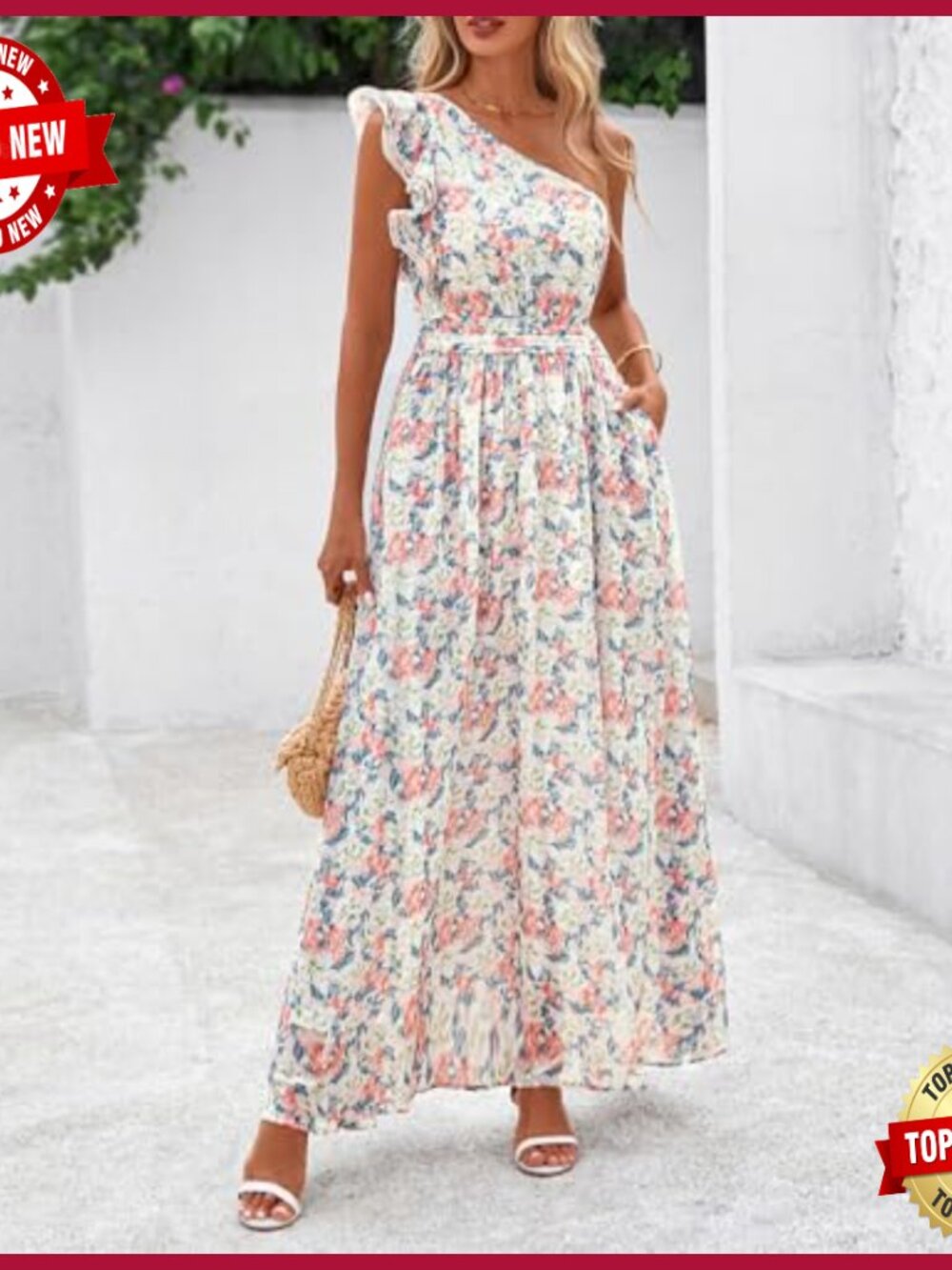 One Shoulder Floral Maxi Dress Smocked Back Ruffle Sleeveless Beach Wedding - Picture 4 of 7